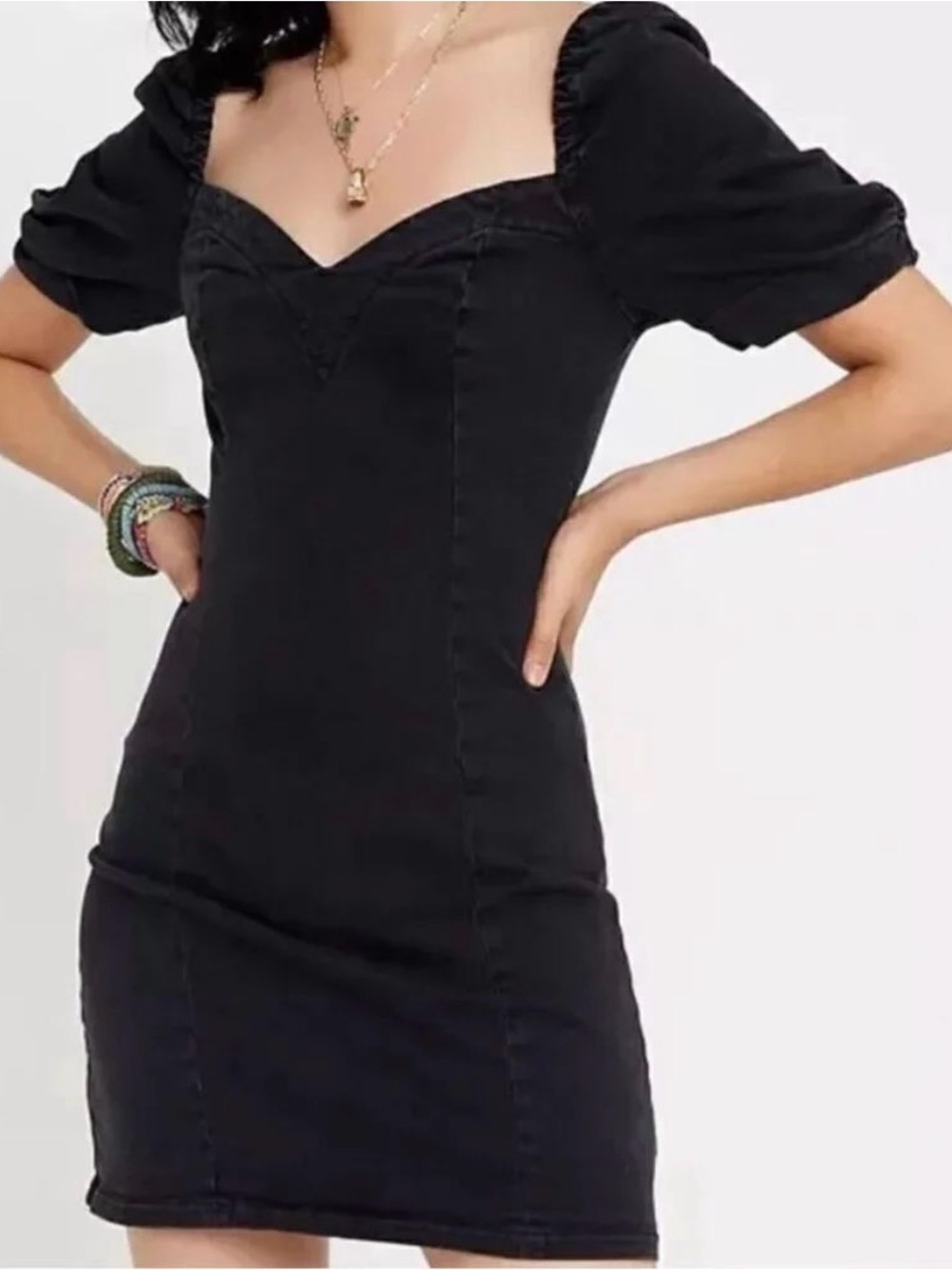Urban Outfitters Chelsea Black Denim Puff Sleeve Mini Dress S/P boho festival